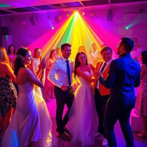 Foto colorida de um grupo de pessoas danäando em uma festa de formatura.