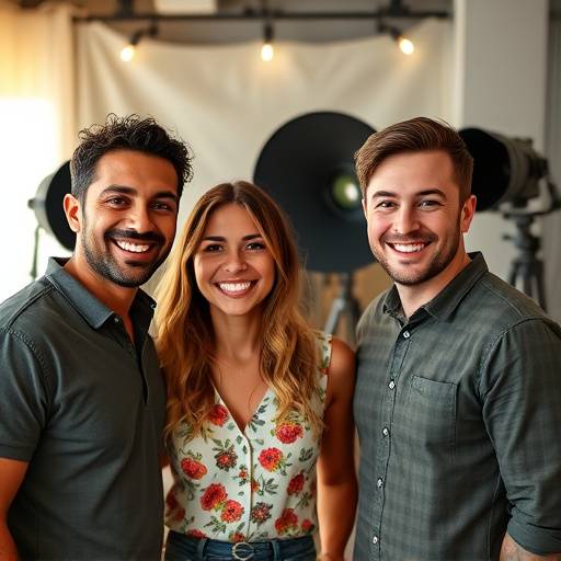 Foto da equipe da FotoArte Brasil reunida em frente ao estüdio, sorrindo para a câmera.
