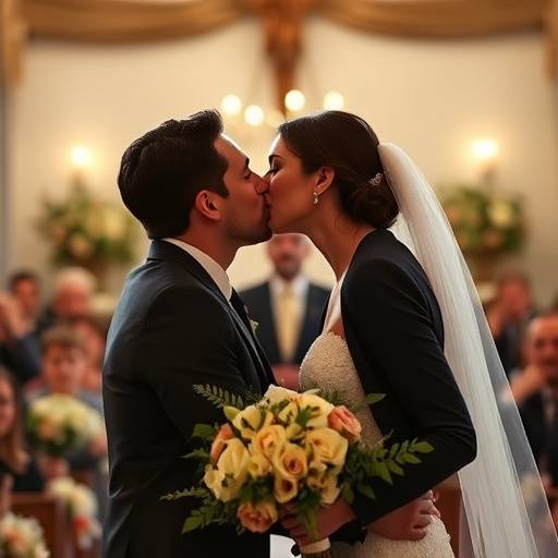 Foto de um beijo apaixonado entre um casal recém-casado durante a cerimônia, com luz suave e foco no amor.