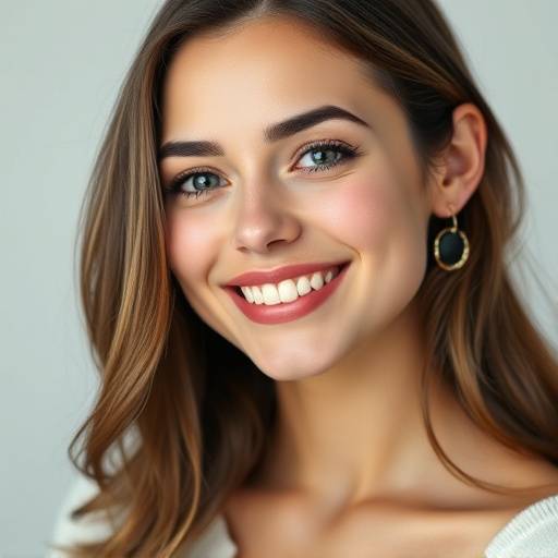 Retrato de uma mulher sorrindo em um estüdio, com iluminaäão suave.